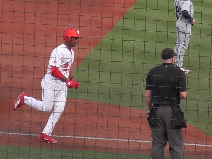 Devin Taylor home run trot vs. Xavier at Bart Kaufman Field - photo by Carl James for iubase.com