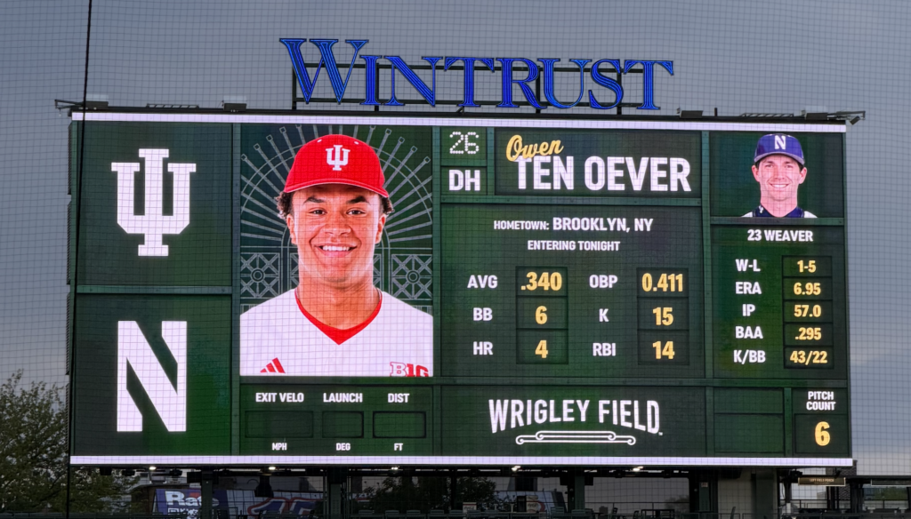 Owen ten Oever on the scoreboard at Wrigley Field (Zach Horwitz)